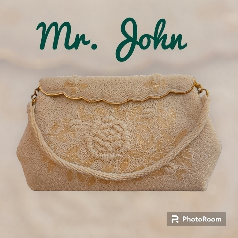 VTG MR. JOHN Cream Floral Scallop Heavily Beaded Cocktail Evening Bag